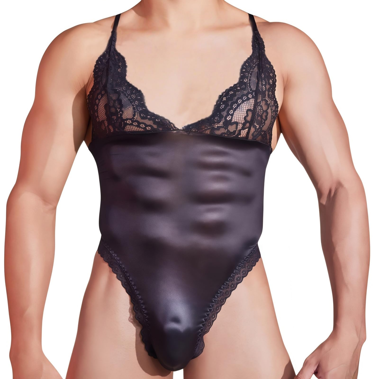 TouKingda Men's Mesh Lace Bodysuit Sexy Oil Glossy Lingerie Set for Men See Through One Piece Leotard Tops Underwear Briefs Black Camiso Body Suits Clubwear Nightwear, Style-A
