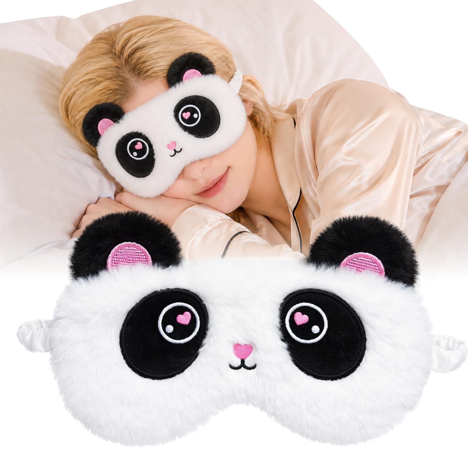 Blackout Sleep Mask, Cute Panda Animal Eye Mask, Soft Plush Sleeping Mask for Women Men and Kids Travel Napping Night, Unisex (Black & White)