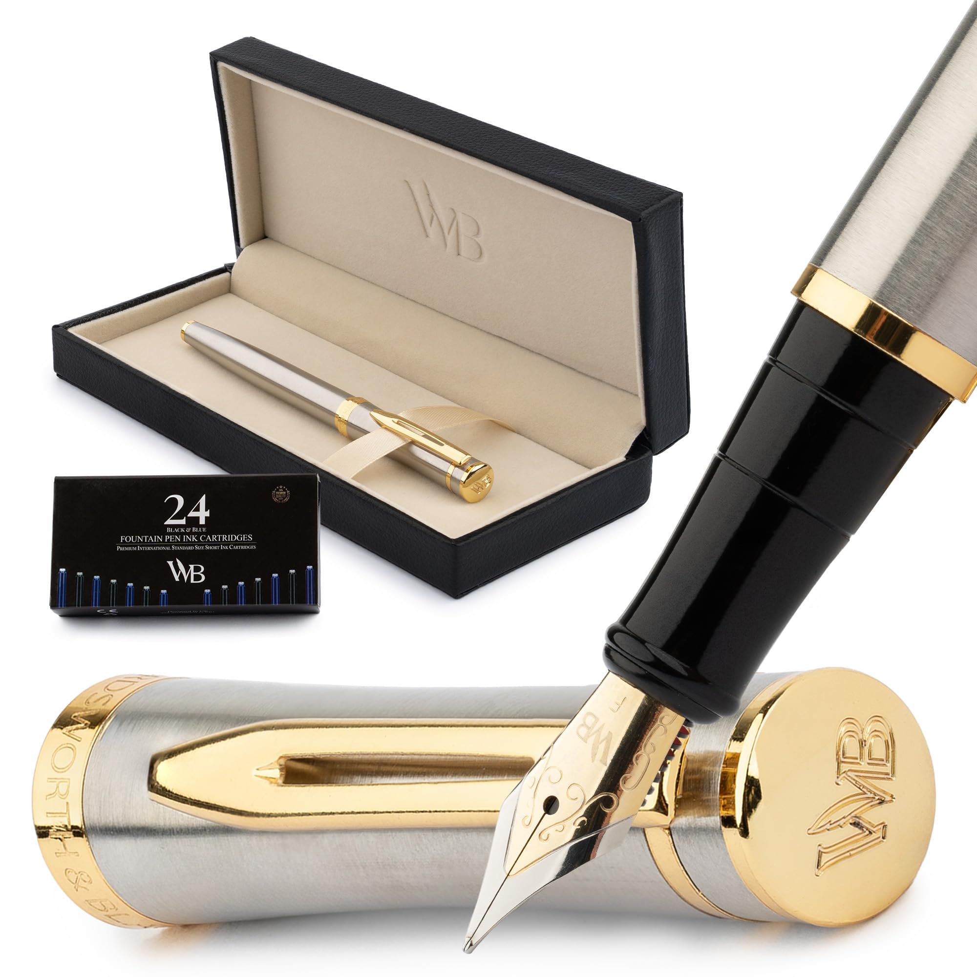 Wordsworth & Black Fountain Pen Set, 18K Gold-Plated Fine Nib, 24 Pack of Ink Cartridges, Ink Refill Converter, Gift Box Included, Gold Finish, Calligraphy, [Silver Gold], Perfect for Men and Women : 