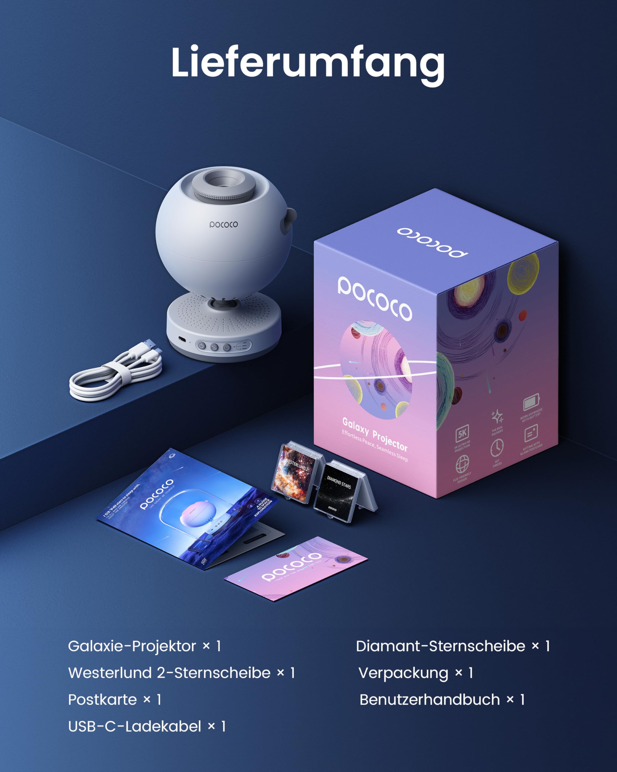 POCOCO Sternenhimmel Projektor, LED Galaxy Projektor, Planetarium für Kinder & Erwachsene, Aurora Nachtlicht mit 2 Discs & Timer