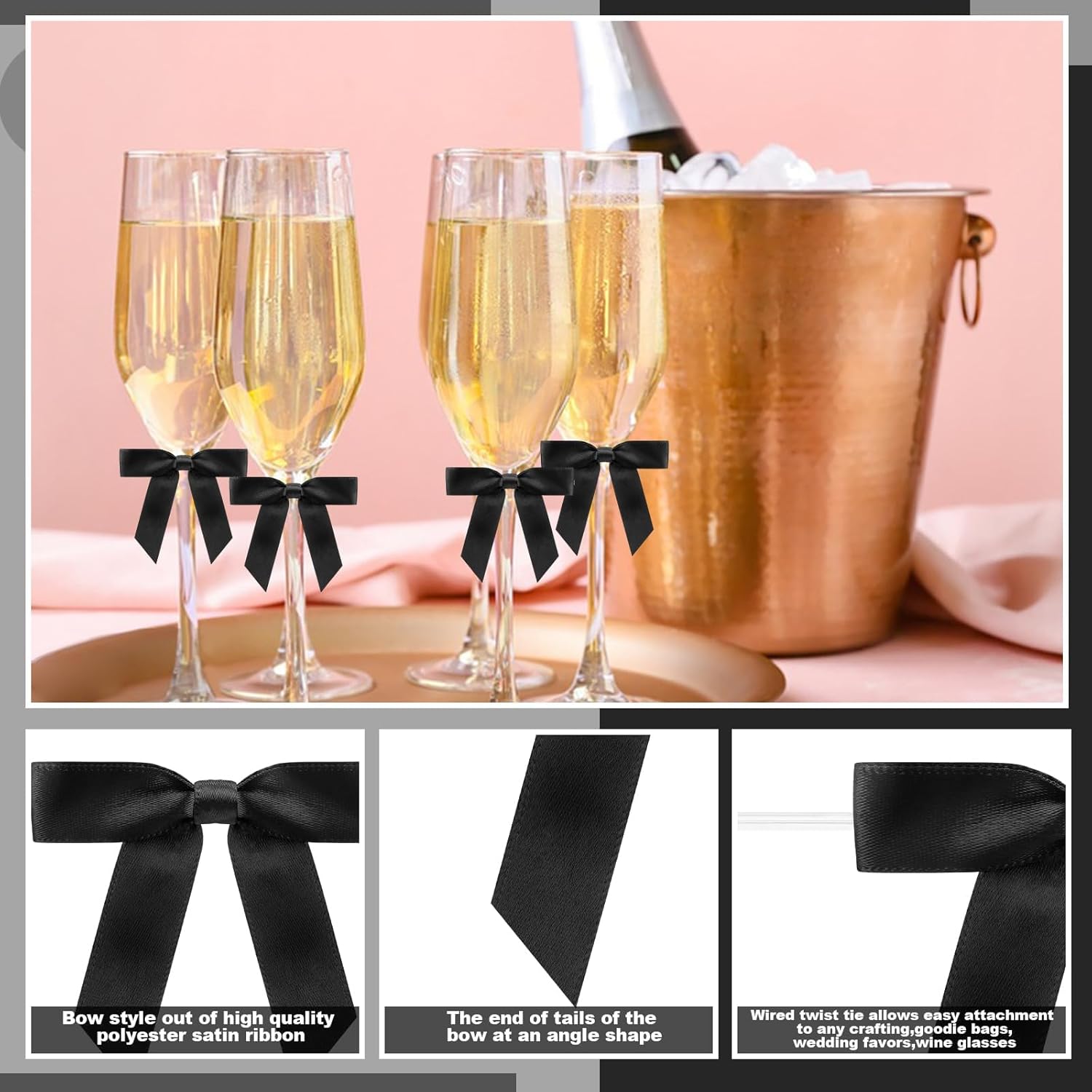 60 Pack Black Twist Tie Bows, 2.5" Black Bows for Gift Wrapping Crafts Cake Decorating, Satin Ribbon Bows for Wedding Birthday Party Decorations - Image 5