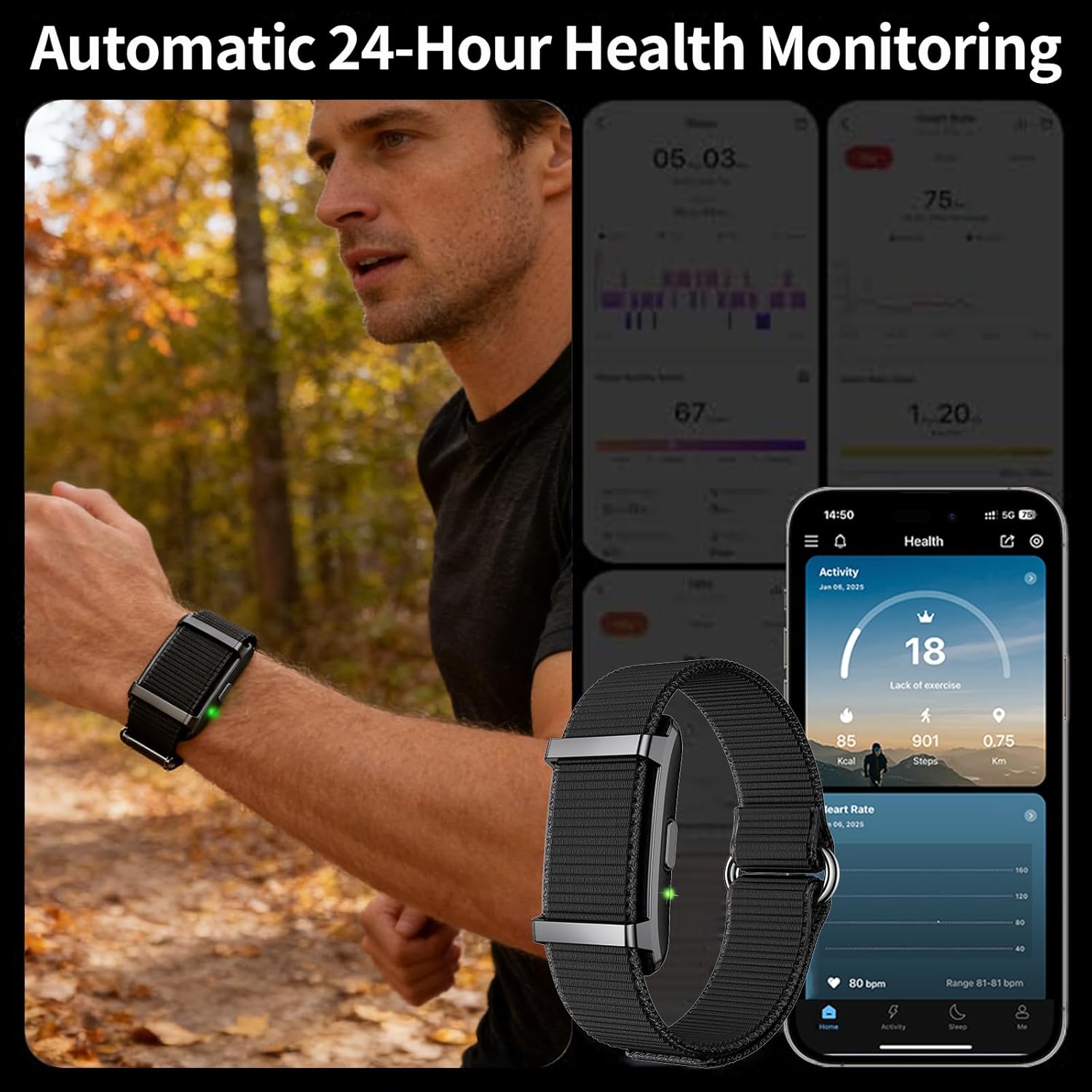 Smart Bracelet,Activity Trackers for Man&Women,Fitness Tracker Band, 24H Sleep Tracker,All-Day Continuous Heart Rate Blood Oxygen Stress HRV Monitor,170+ Sport Mode with Free APP (Green)