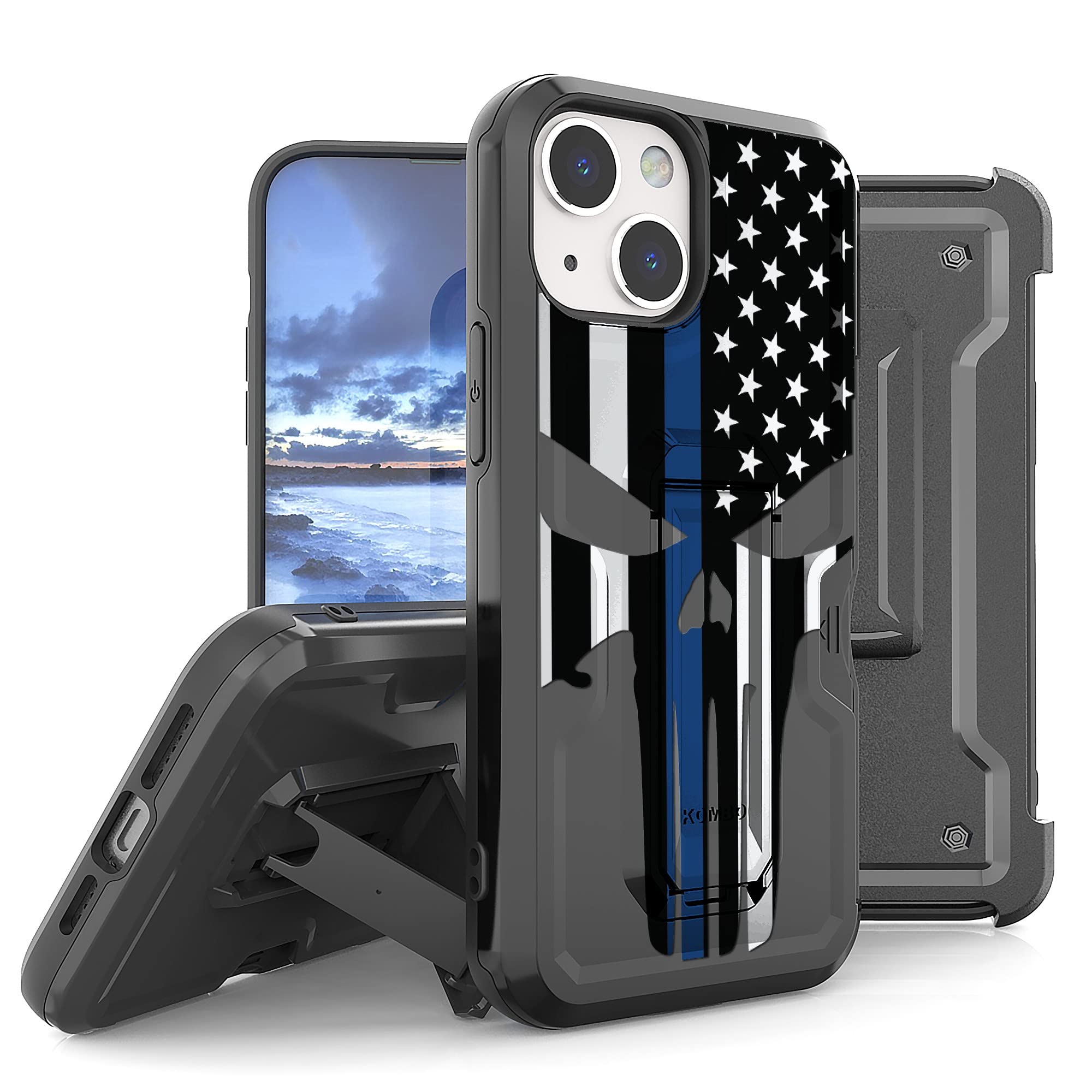 BEYOND CELL Compatible with iPhone 14,Case with Kickstand and Belt Clip Holster Armor Kombo, Hybrid Rugged Heavy Duty Shockproof Drop Protection Thin Blue Line Us Flag Skull