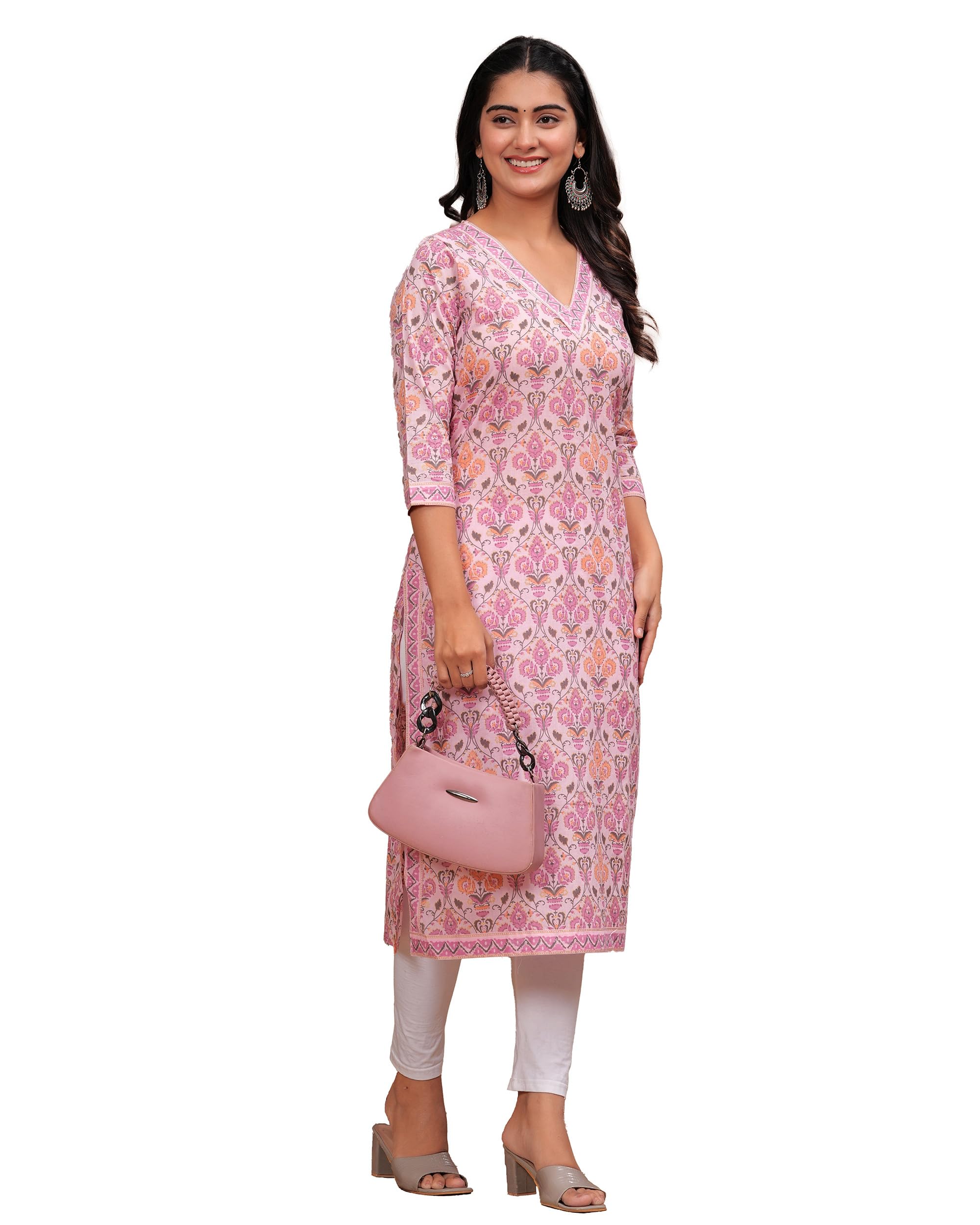 MANHAREE | Women's Cotton Printed Straight Kurta,Pink