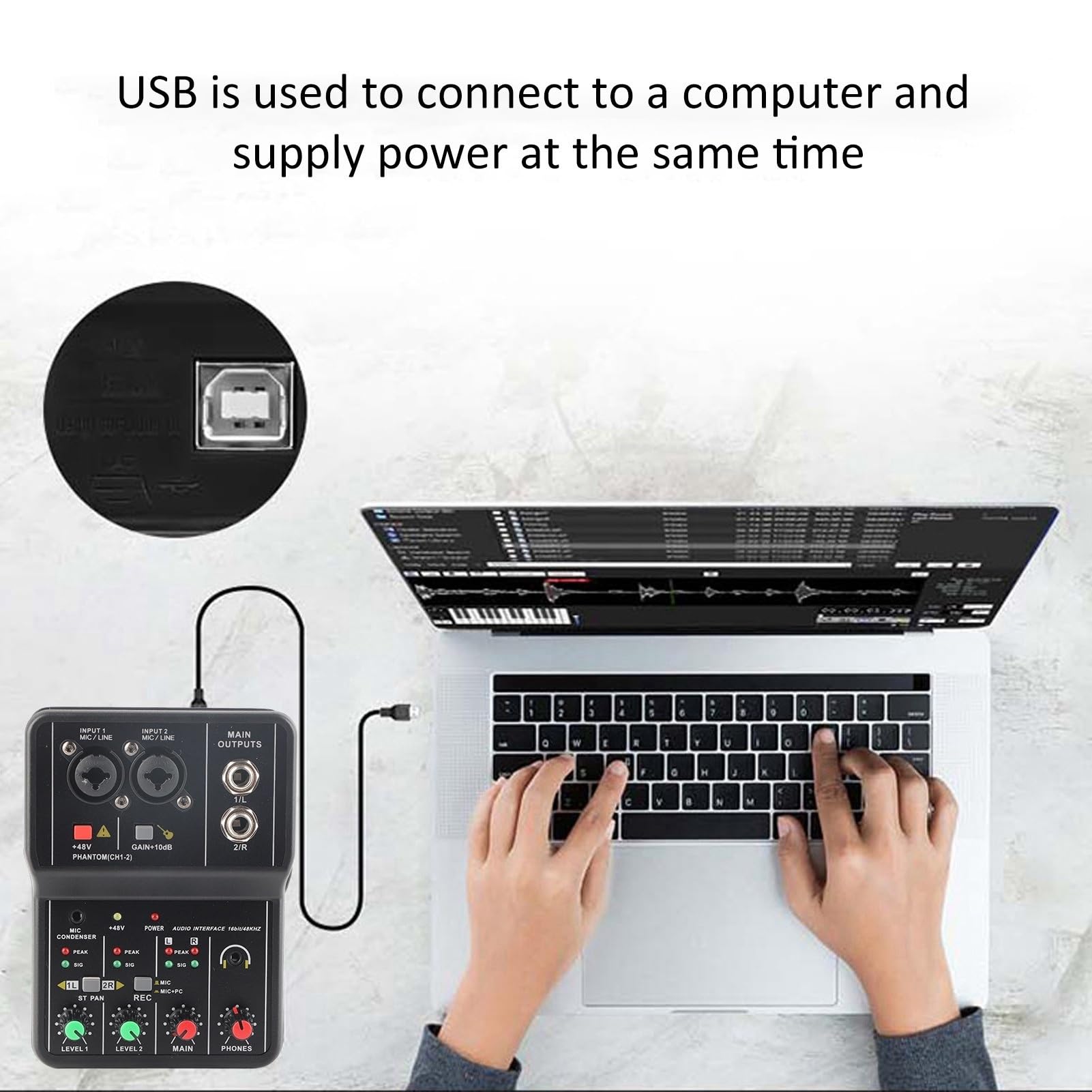 Mixer DJ, Mixer Scheda audio portatile a 2 canali Alimentatore USB con alimentazione Phantom 48V