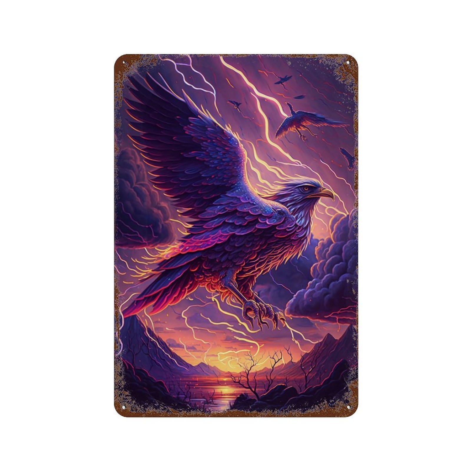 Eagle Lightning Storm Fantasy Artwork 11.8"x7.9" Vintage Rust Metal Sign, Decorative Metal Wall Art for Bistro, Counter And Cafe Decor