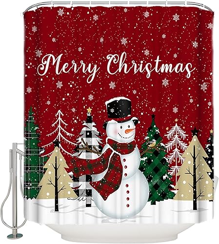 Miniatura 2 de Cortina de ducha de Navidad con muñeco de nieve rojo, verde y negro a cuadros, cortinas de ducha para bañobañera, juego de cortina de ducha de tela