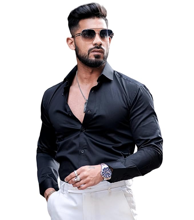 IndoPrimo Men's Satin Shirt with Spread Collar Neck Line Solid Pattern Full Sleeves Regular Fit Western Style and Standard Length