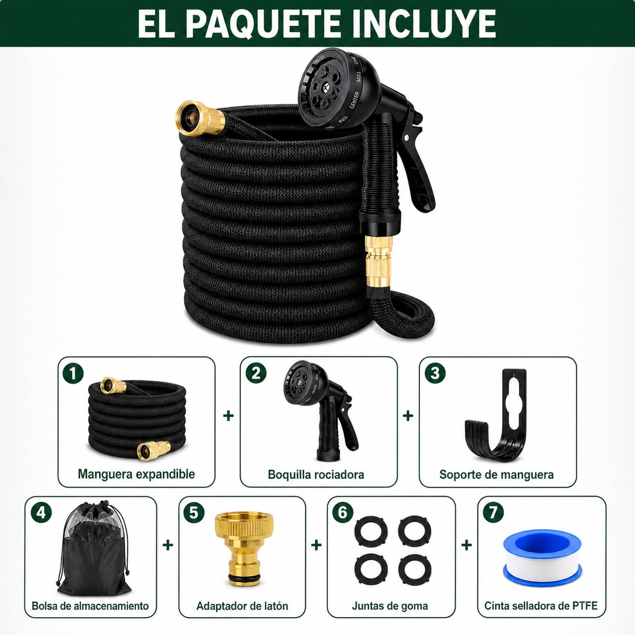 Tuyau de jardin flexible et résistant, anti-nœuds et anti-fuite, avec buse de pulvérisation et connecteurs pour irrigation en extérieur.