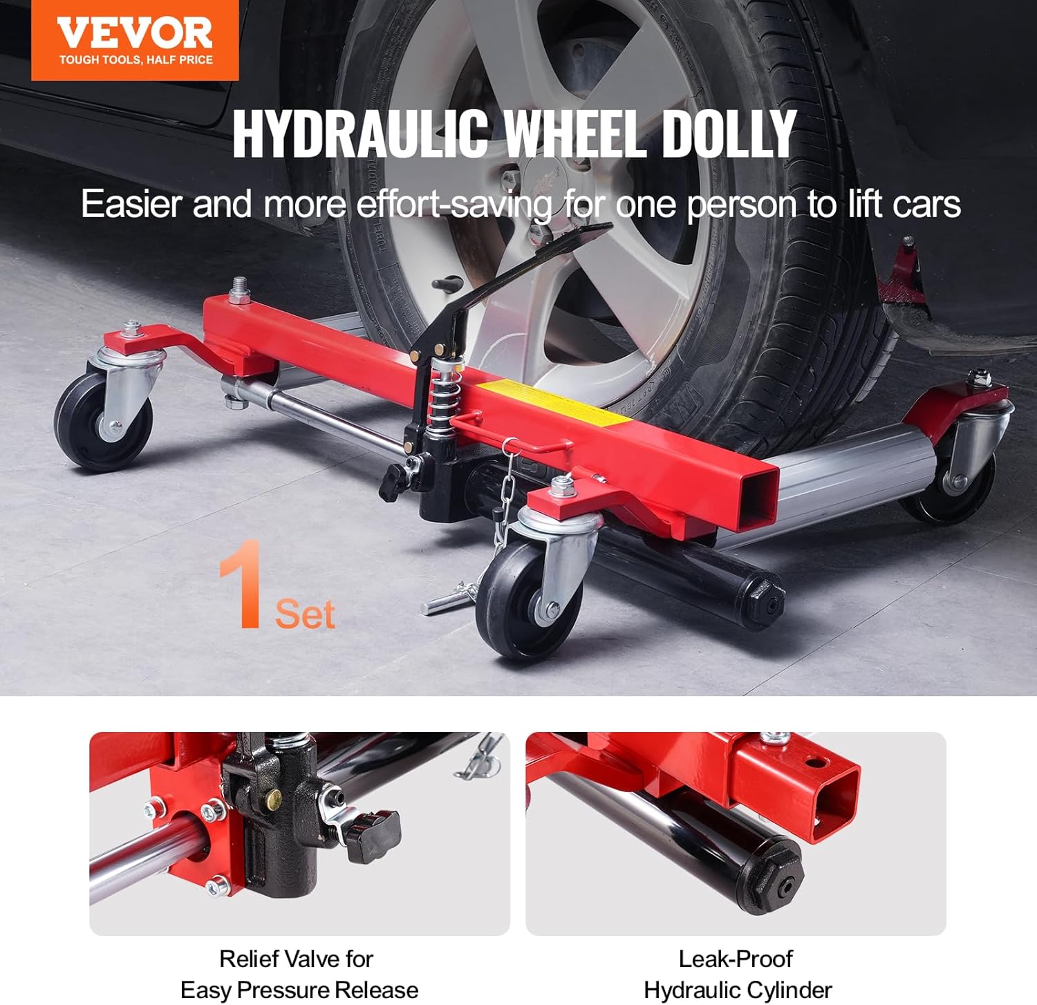 VEVOR Wheel Dolly - Max Capacity 1500 Lbs, Car Jack Dolly Lifter with 360 Rotatable Wheels, Heavy Duty Vehicle Positioning Hydraulic Tire Jack, for Vehicle Repair and Moving
