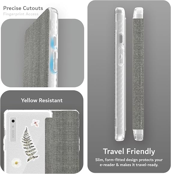 TUDIA SKN FLIP V2 Case Designed for Onyx Boox Palma 2 (2025) [DO NOT FIT Palma 2 PRO], Slim Protective Folio Cover with Auto Wake/Sleep & Transparent TPU Back with Textured Leather - Clear Grey
