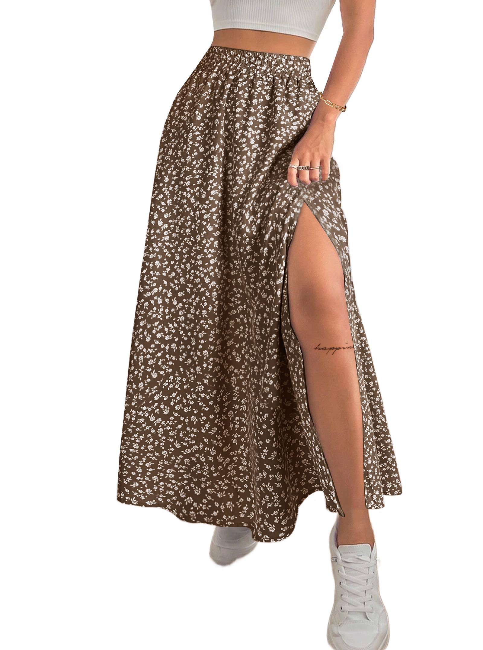Avanova Women Boho Floral Slit Maxi Skirt Split Thigh High Waisted Long Sexy Skirt, Khaki, S