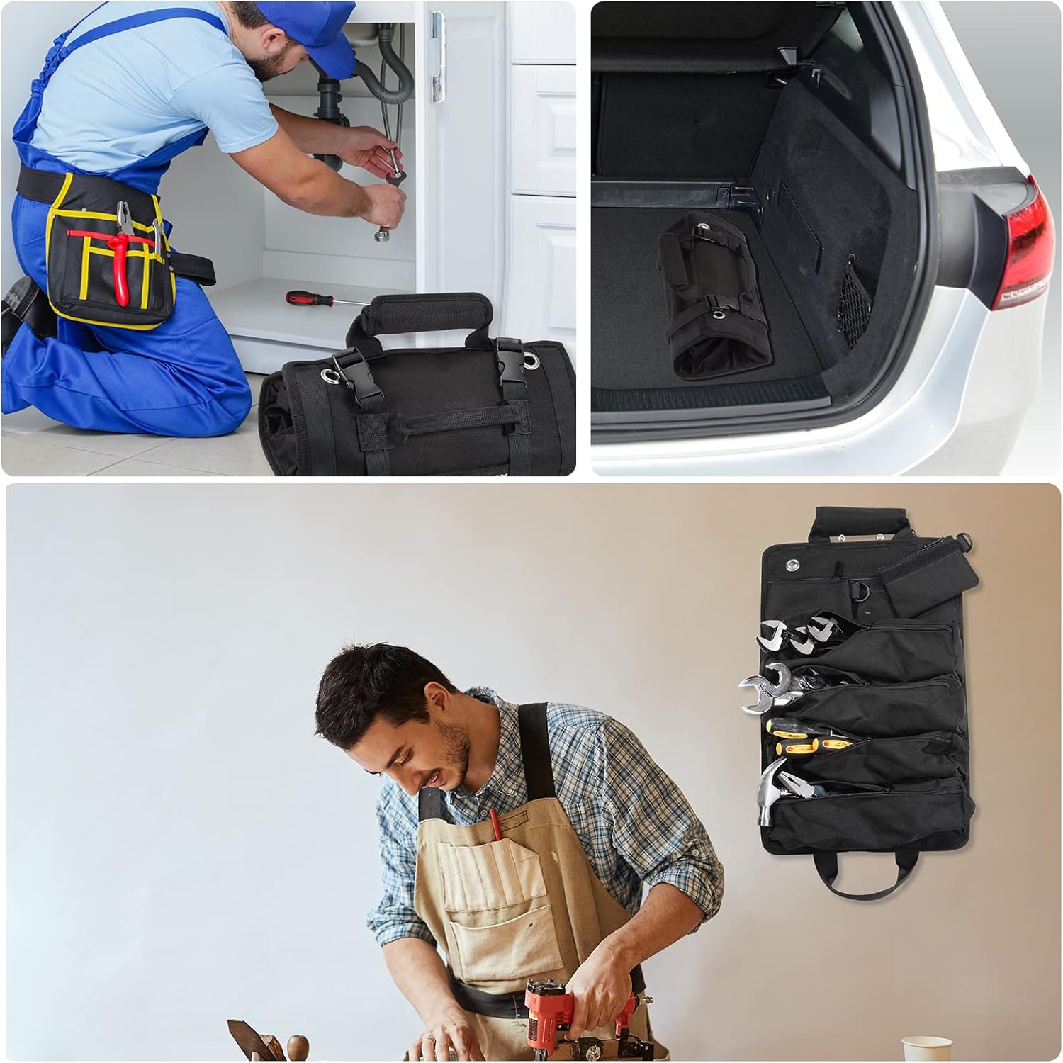 HARFINGTON Roll Up Tool Bag 19" x 16" with Detachable Pouches and Compartments, Multipurpose Utility Roll Tool Storage Organizer for Mechanics, Plumbers, Electricians, Carpenters, Black