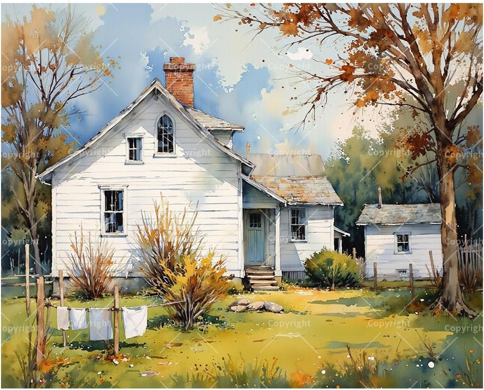 Country House Paint by Numbers Kit for Adults - DIY White Farmhouse with Trees Painting on Canvass, Acrylic Paint Set for Beginners, Art for Home Decoration or Gifts(16X20IN Framed)