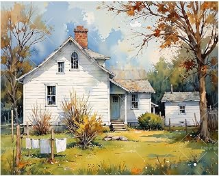 Country House Paint by Numbers Kit for Adults - DIY White Farmhouse with Trees and Hanging Laundry Painting on Canvas 16x20 Inches, Acrylic Paint Set for Beginners, Art for Home Decoration or Gifts