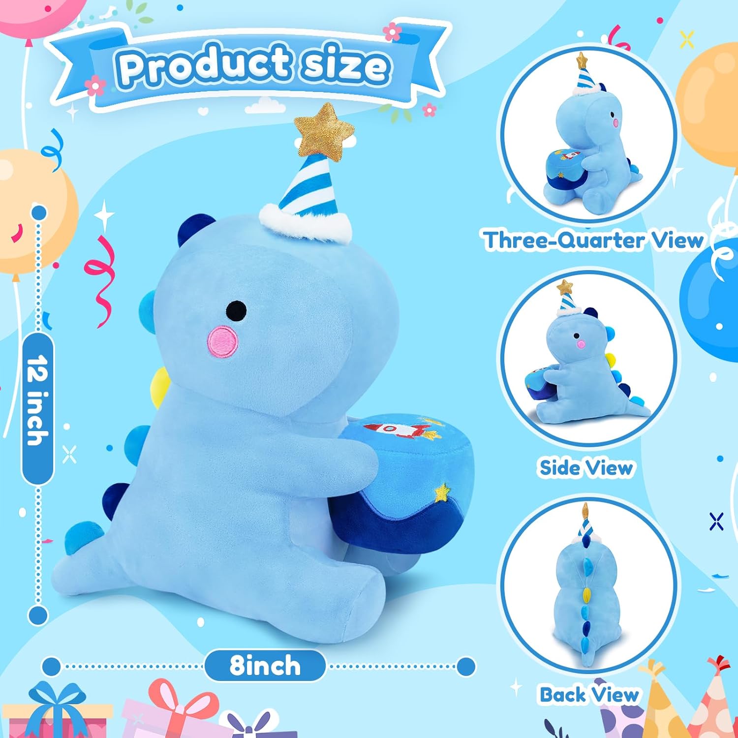 SQEQE Dinosaur Stuffed Animal, Cute Dinosaur Plush Toys with Cake, Dino Plushies Anniversary Birthday Gift for Her Girls Boys Boyfriend Girlfriend(Blue,12 inch)