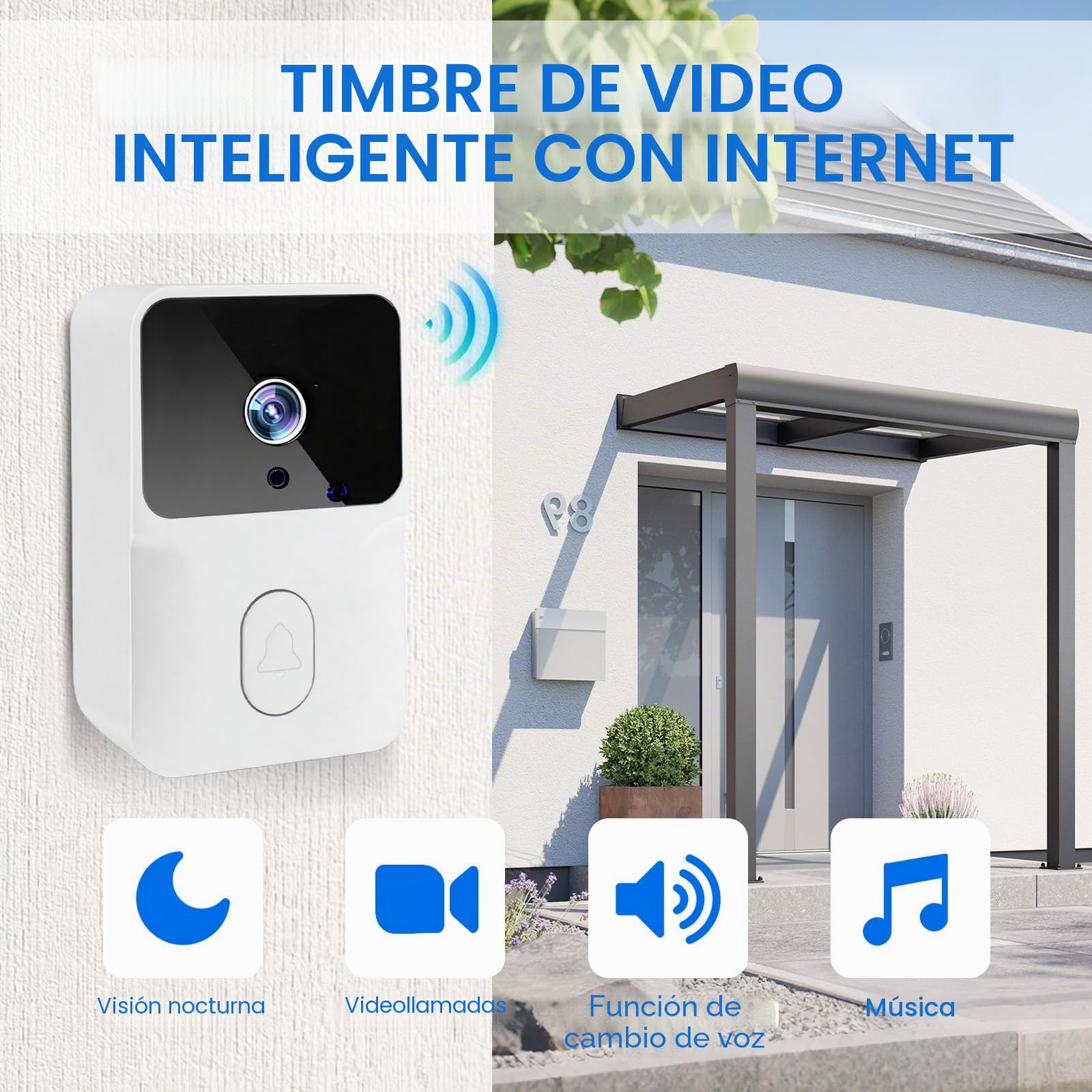 Videotimbre, Timbre Inalámbrico con 2.4GHz WiFi, 1080p HD Vídeo Timbre Puerta Inteligente con Cámara, Visión Nocturna, Audio bidireccional, Instalación Fácil por Cuenta Propia (Blanco)
