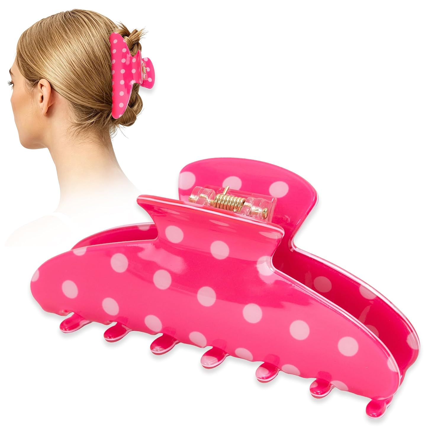 Acetate Hair Clip for Women, 3.94" Medium Claw Clip for Thick Thin Hair, Strong Hold & Slip-Free Grip Jaw Polka Dot French Styling Hair Accessories Ideal Gifts for Women & Teen Girls - Hot Pink