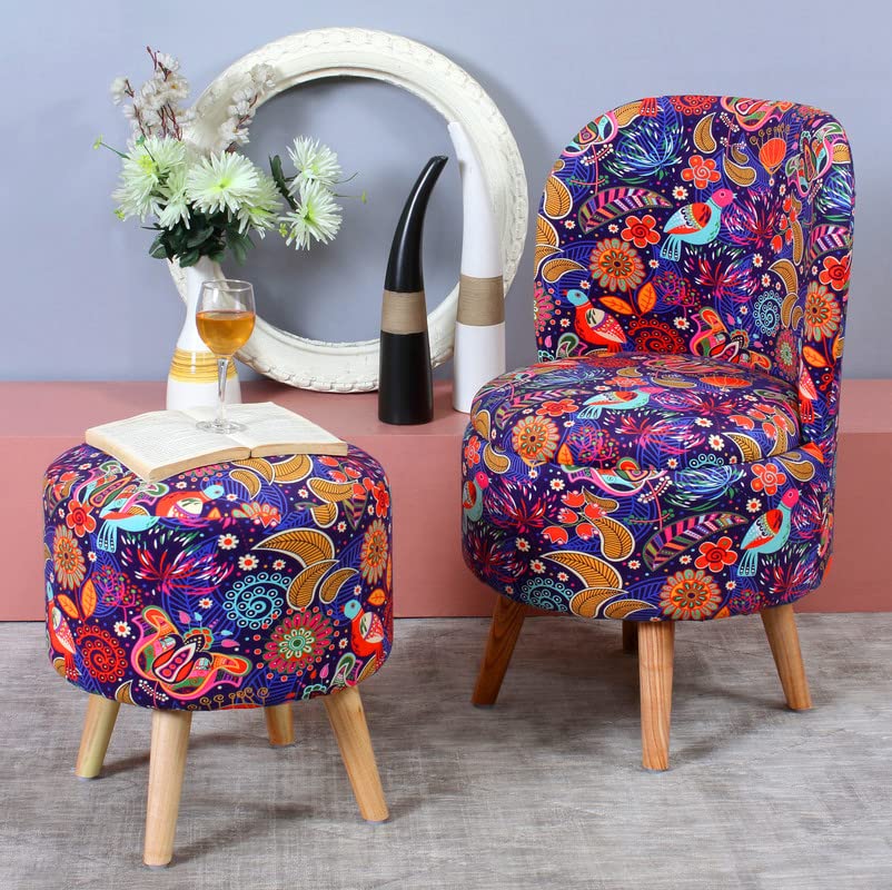 Image of Ottoman Printed Stool with Chair, Velvet Foot Rest Stool for Living Room, Wooden Legs Ottoman for Sofa & Living Room Decor, Chair (18 inchx32 inch), Puffy (16 inchx17 inch), (Combo Birds)
