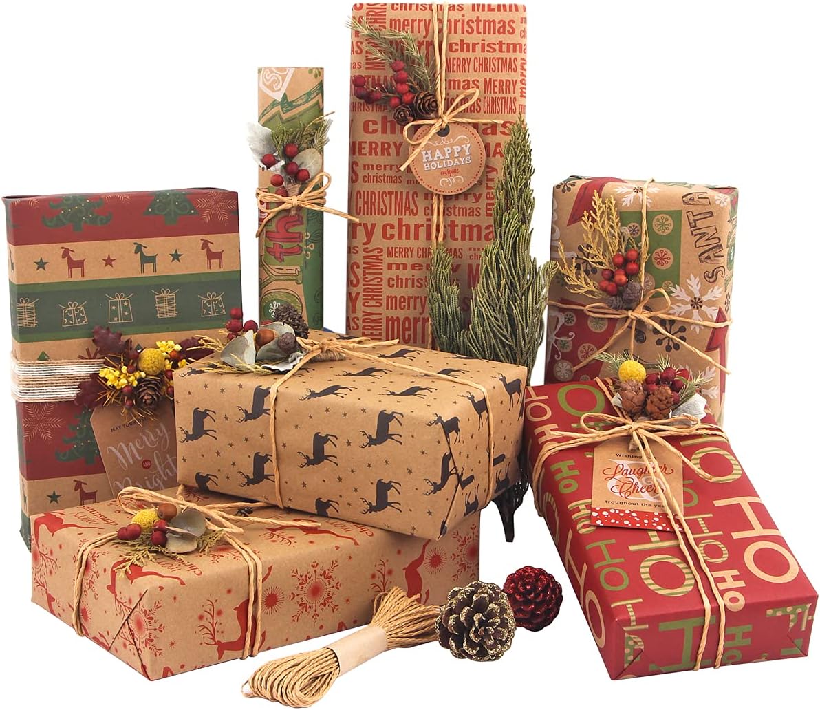 Haipicho 12 Sheets Christmas Wrapping Paper Set - 70x50cm Recycled Kraft Sheets with 10 Tags & 10m Twine - 6 Vintage Designs Eco Friendly Gift Wrap for Men Women Kids (Folded Flat)