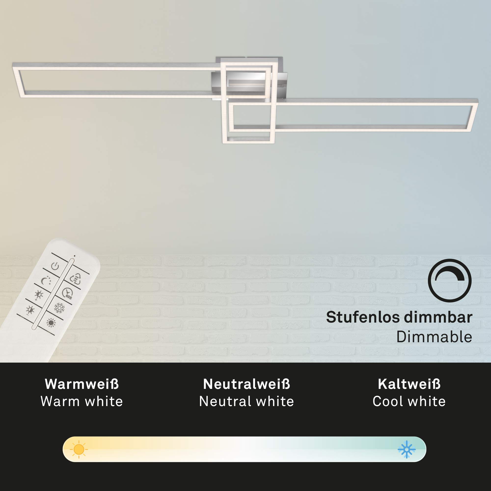 BRILONER - LED Deckenlampe mit Fernbedienung, dimmbar, einstellbar von warmweiß bis neutralweiß, LED Lampe, Deckenleuchte, Wohnzimmerlampe, Schlafzimmerlampe, Küchenlampe, 110x35x10 cm, Chrom-Alu