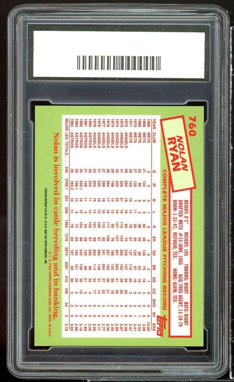 Nolan Ryan Card 1999 Topps 85 Reprint #18 GMA 10 GEM MT - Slabbed Baseball Cards