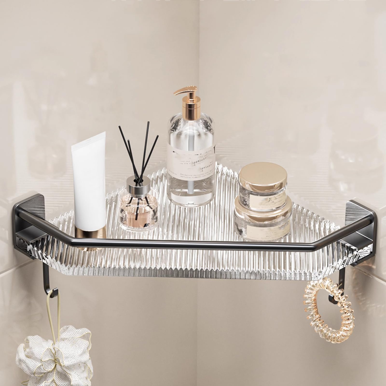 SUZEPER Versatile Acrylic Towel Shelf Wall Mounted Bath Corner Shower Shelves Triangular Shower Caddy Adhesive Corner Shelf Shower