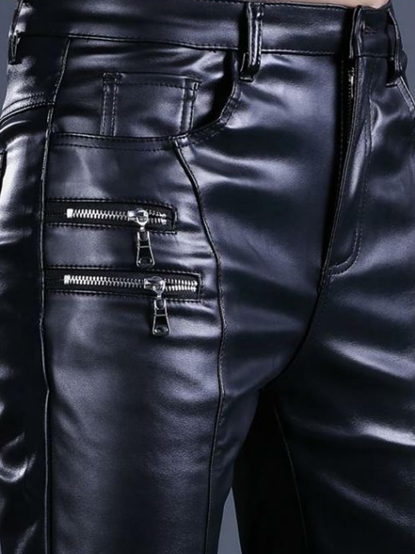 Idopy Pantaloni da uomo in pelle sintetica con cerniera, stile rock, stile steampunk, slim fit, nero, 54