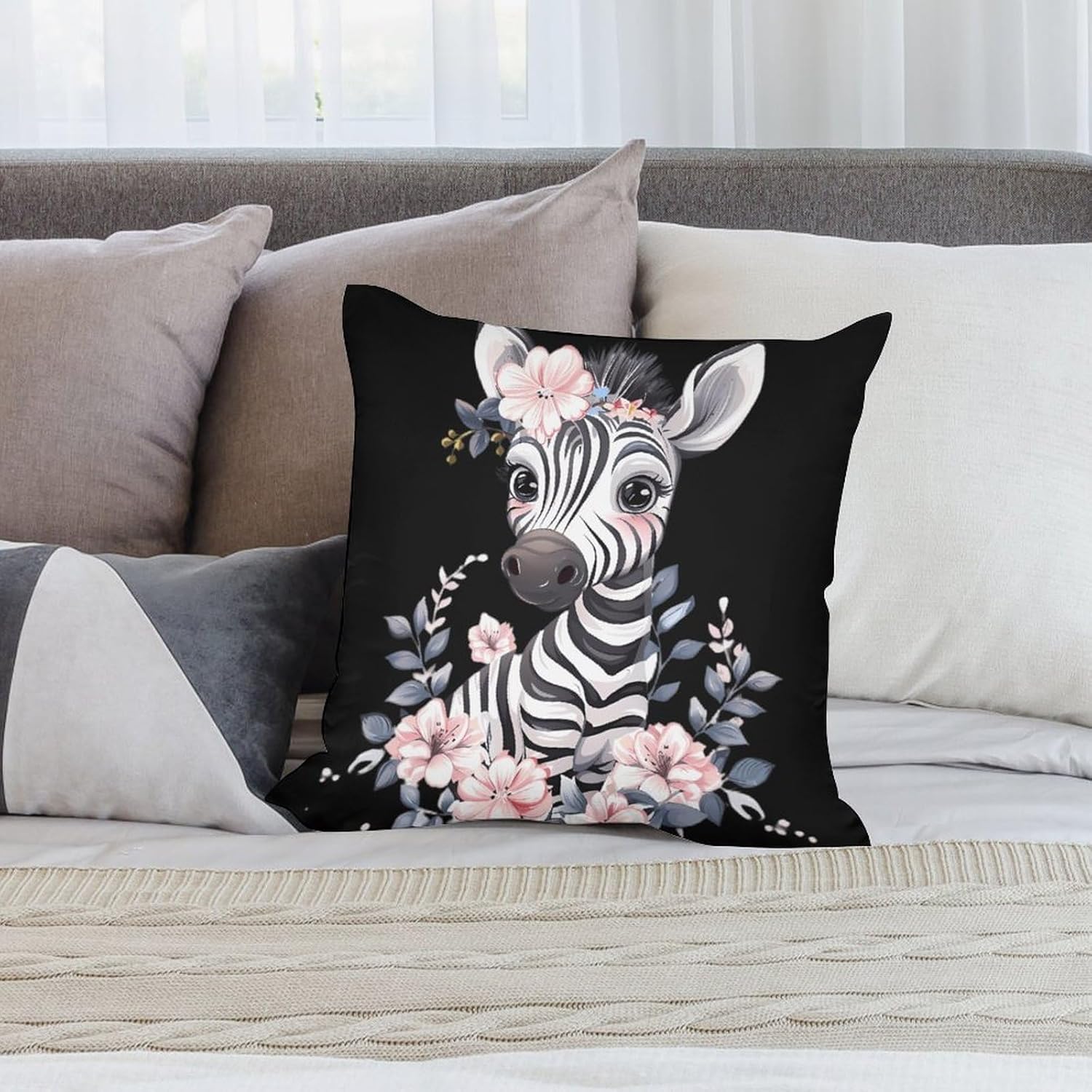 Cute Zebra with Flowers Printed Throw Pillow Case 4 Pcs Soft Pillowcases Pillows Covers Sofa Bed Decor 12/14/16/17/18/20/22/24/32 Inches