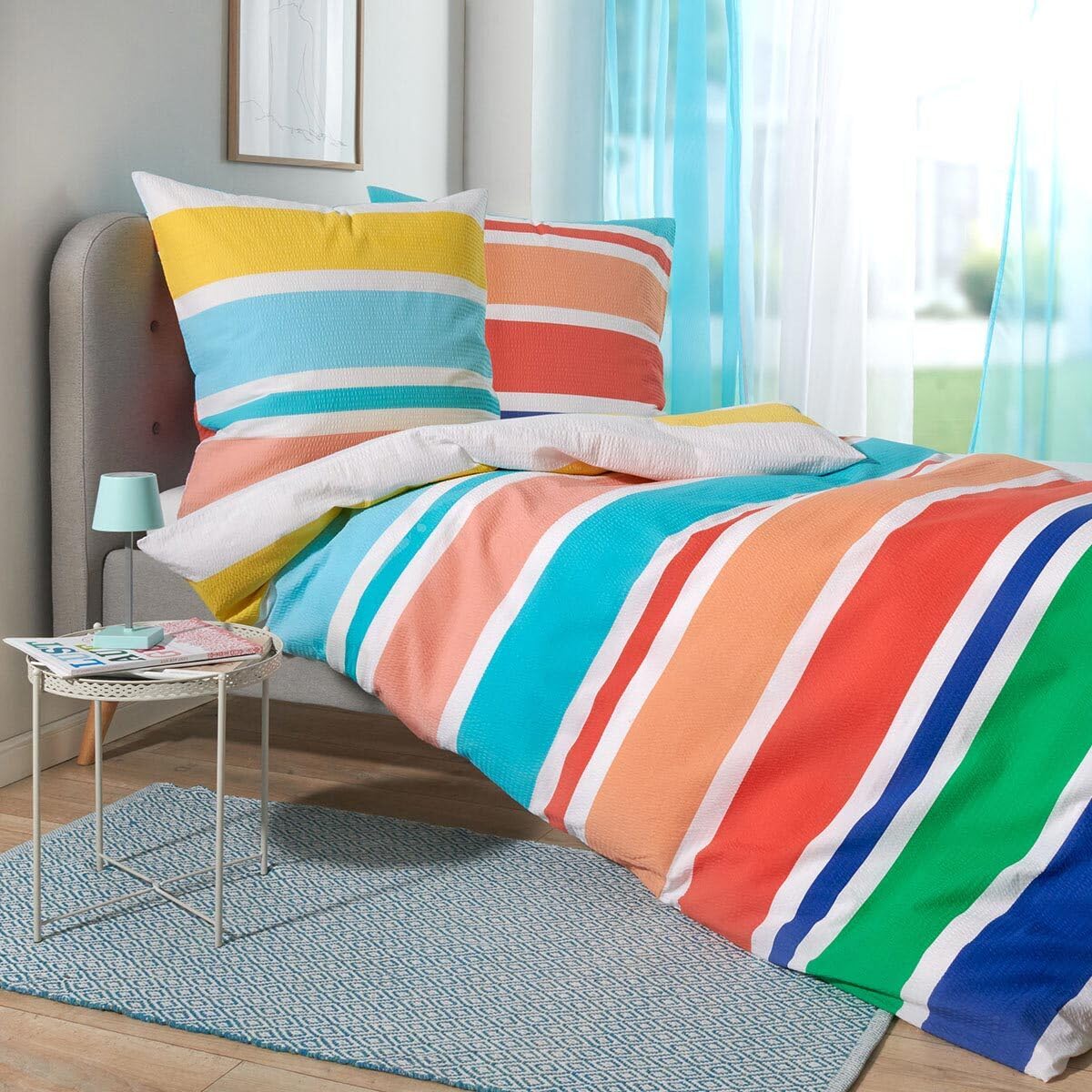 Traumschlaf Seersucker Bettwäsche bunt – Farbenfrohes Design für frische Sommernächte – Luftig, bügelfrei & atmungsaktiv – Baumwoll Bettwäsche – Leicht & komfortabel - 155x220 cm + 80x80 cm