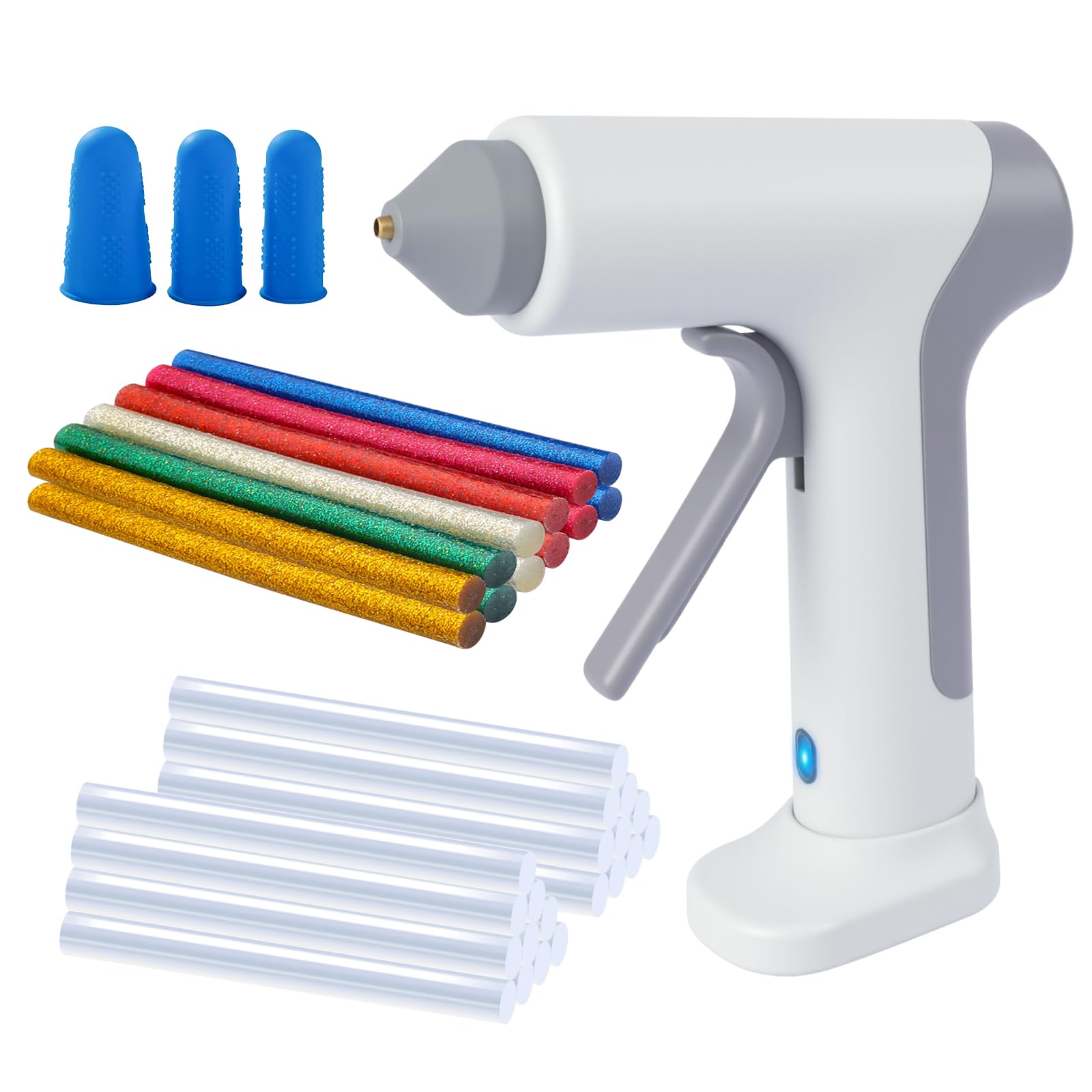 Pistola de pegamento caliente con 20 barras de pegamento transparentes y 12 de colores, calentamiento ultrarrápido de 15 s, mini pistola de pegamento caliente recargable a través de USB-C, recipiente