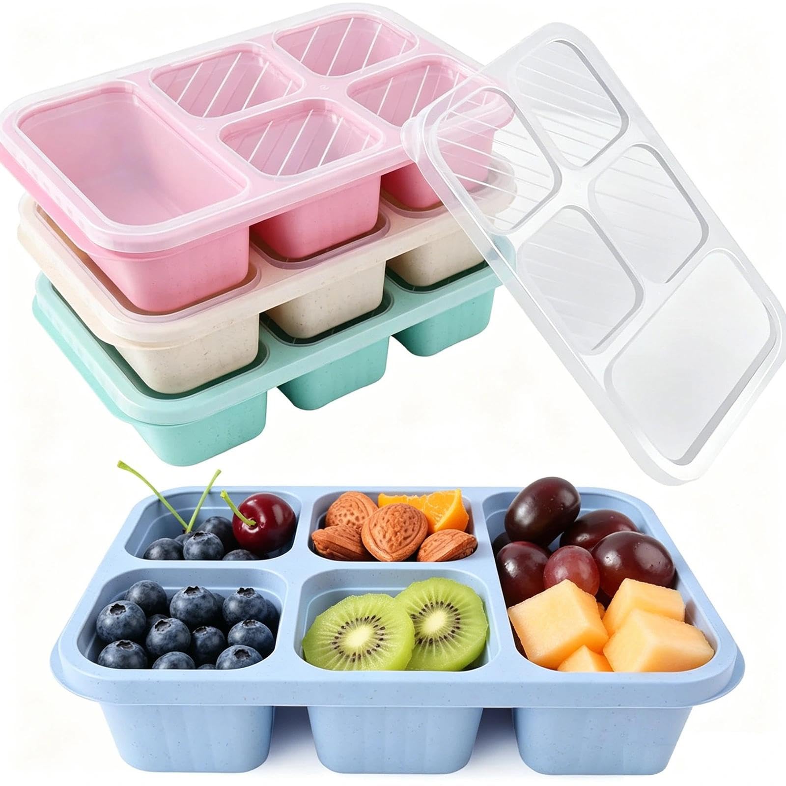 EVTHUR 4 Pack Snack Box with 5 Compartments, Reusable Bento Lunch Box for Adults & Kids, Leakproof Divided Lunchable Containers for Work School Travel Picnic, Microwave & Dishwasher Safe