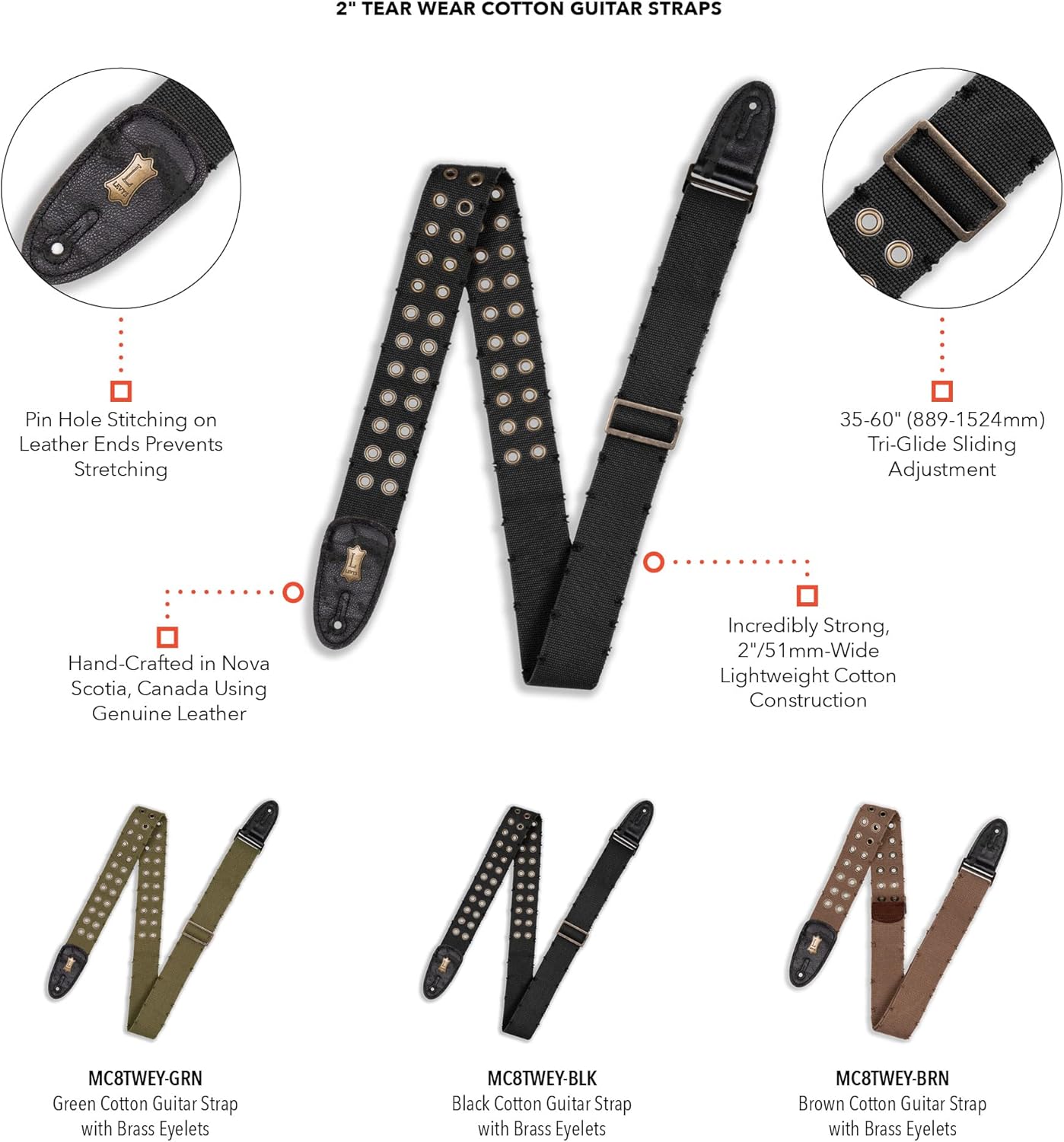 Levy's Leathers 2" Tear & Wear Cotton Guitar Strap With Brass Eyelets And Tri-glide Adjustment; Black (MC8TWEY-BLK)