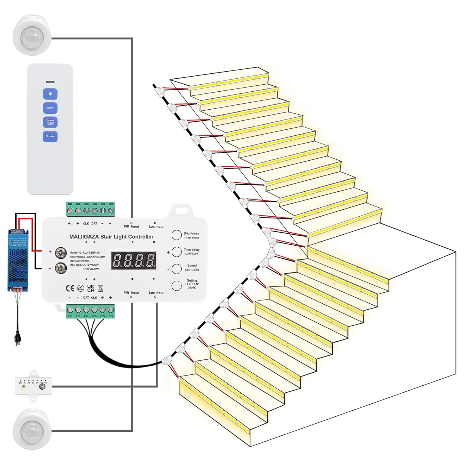 Motion Sensor Stair Lights Kit 16 Step Daylight Sensor 3000K