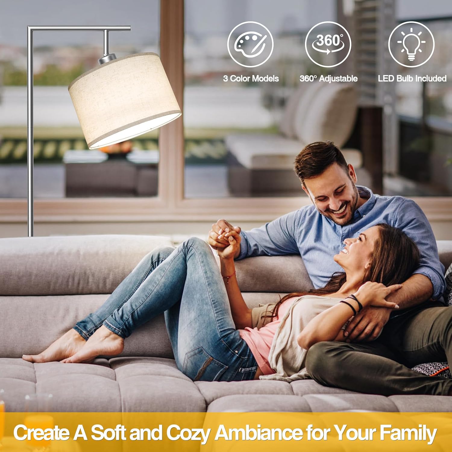 Floor Lamp for Living Room with 3 Color Temperatures Standing Lamp with Adjustable Beige Linen Lampshade Tall Lamps for Bedroom Office Classroom Dorm Room, 9W LED Bulb Included, Silver