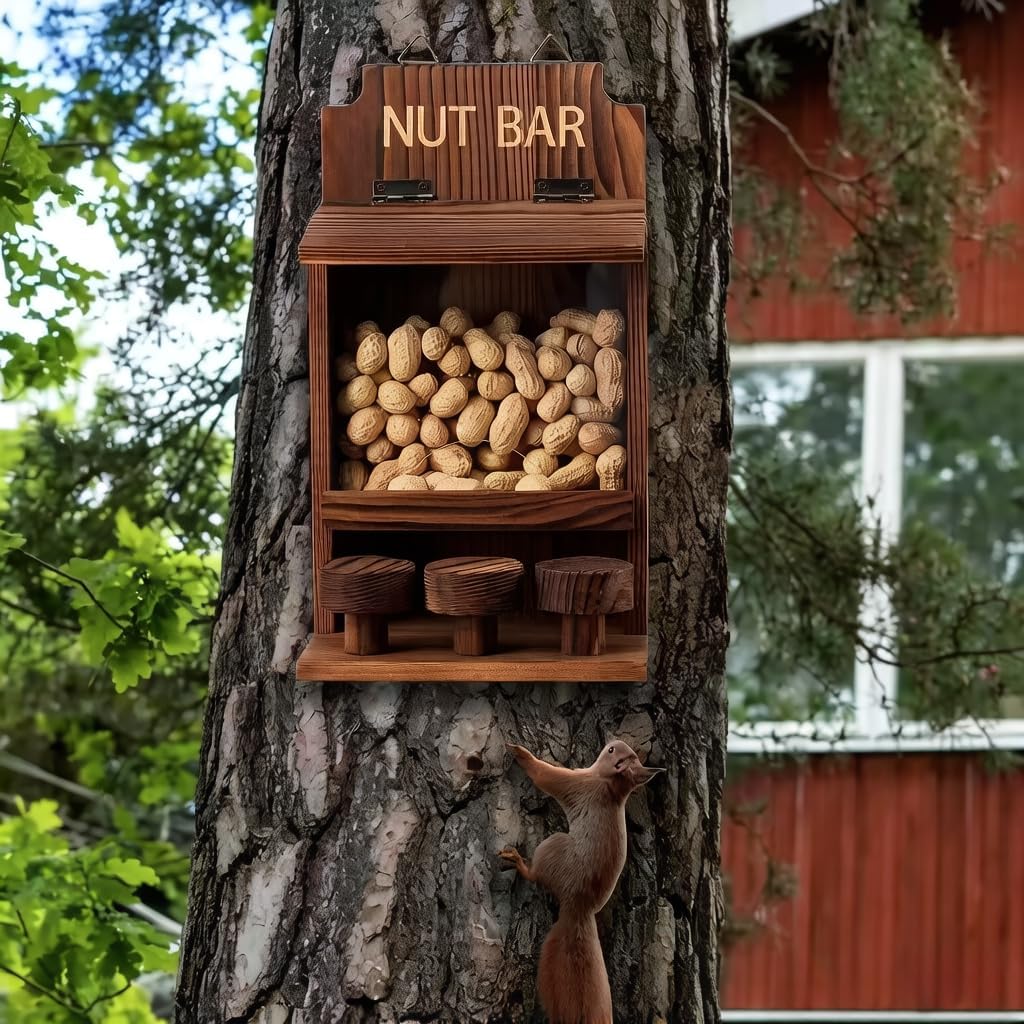 Squirrel Picnic Table Feeder, Handcrafted Solid Wood Outdoor Hanging or Mounted Squirrel Feeder for Yard, Garden, Patio - Cute Wildlife Watching & Backyard Gift