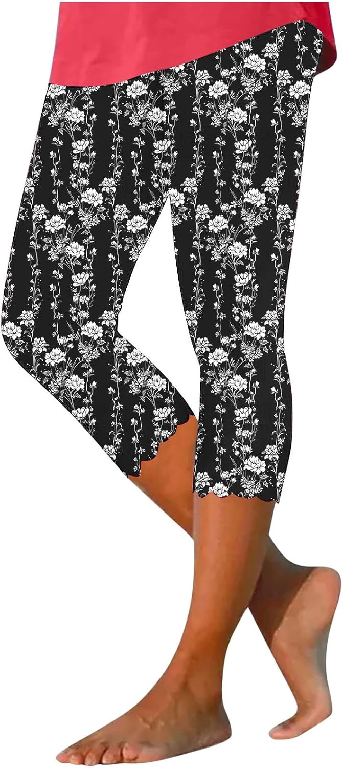 Womens Floral Scalloped Capri Leggings Cropped Skinny Pants | Rose Pattern Calf Length Tights, Wavy Hem Stretchy Athletic Bottoms, for Beach Vacation Daily Walk Summer Casual Wear