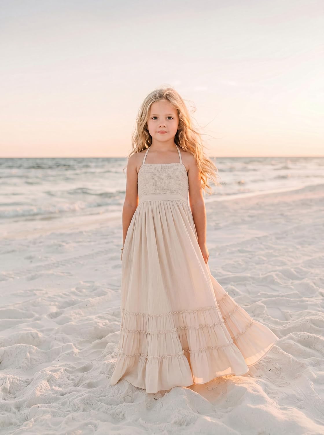 Boho Girls Summer Dress Halter Sleeveless Smocked Flowy Ruffle Flower Girl Maxi Tiered Dress Beach Wedding Holiday