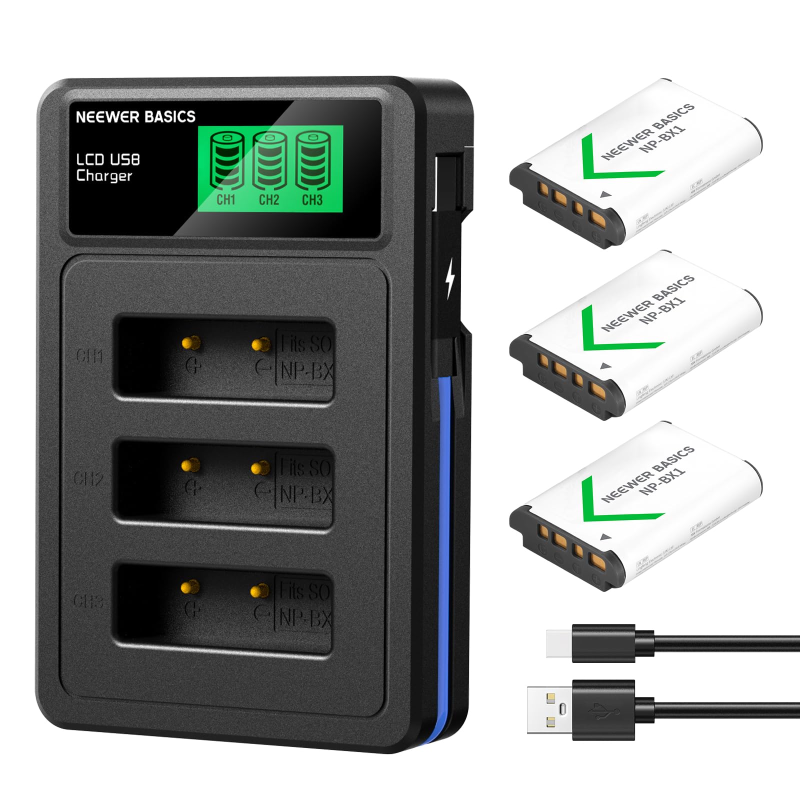 NEEWER Basics PCS de 3 Batteries de Rechange NP-BX1 avec Triple Chargeur USB,Alimentation de Secours Camera 1090 mAh pour Sony ZV1 ZV-1 II Cybershot RX100 RX100II RX100M II HDR-AS15 HDR-AS30