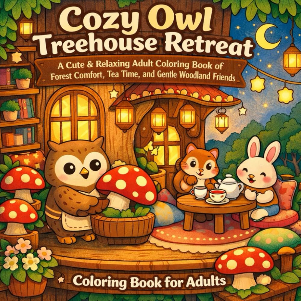 Cozy Owl Treehouse Retreat: A Cute & Relaxing Adult Coloring Book of Forest Comfort, Tea Time, and Gentle Woodland Friends