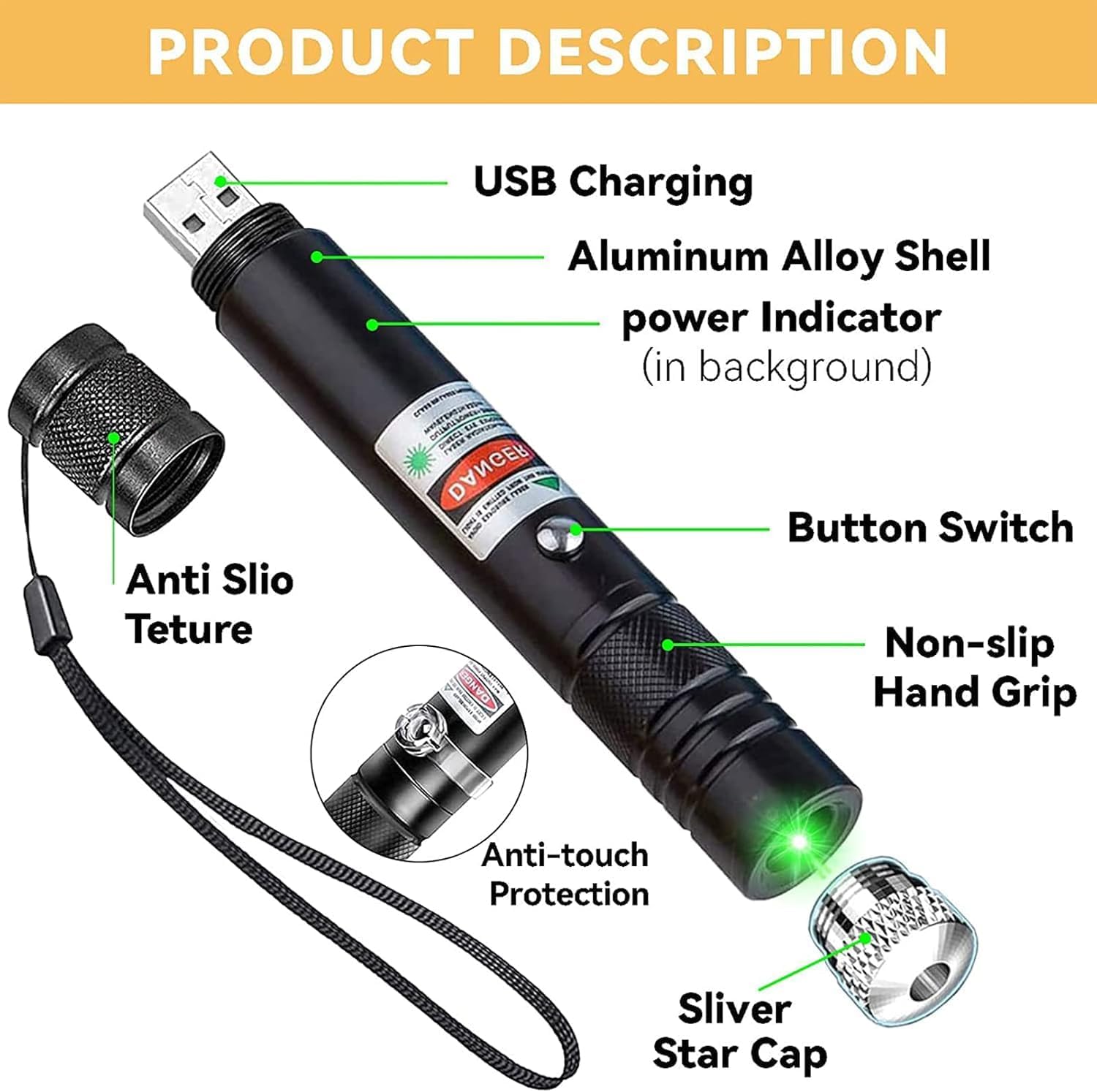 IVVTRYI Long Range High Power Tactical Green Beam Flashlight Laser Pointer rechargeableUSB Laser Pointer Cat Toys with Star Cap Adjustable Focus for Teaching Outdoor Hunting