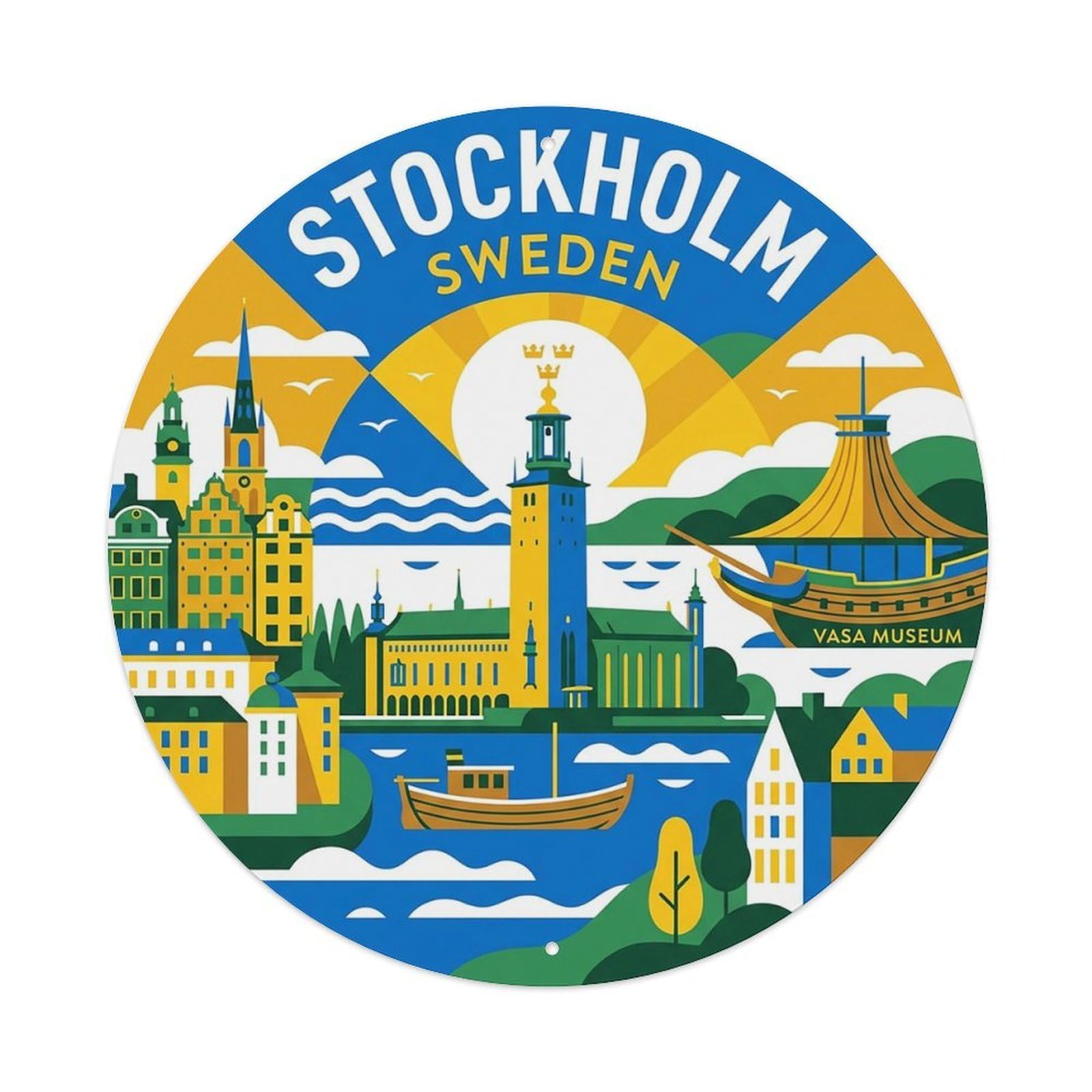 Vintage Travel Sweden Stockholm Vintage Metal Tin Sign Plaque Wall Decor for Cafe, Club Bar, Office, Garden Metal Poster 8x8Inch