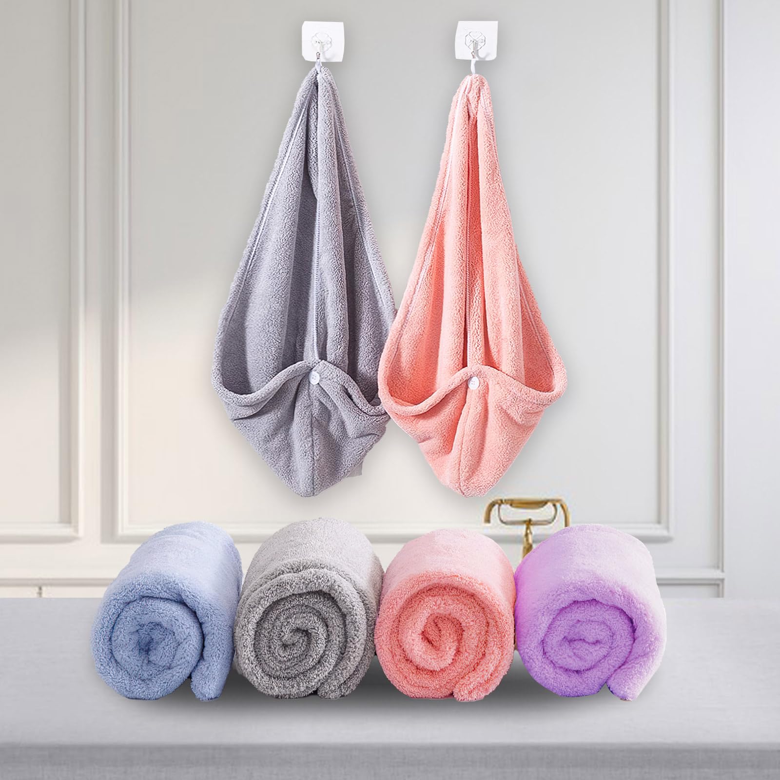 Mikrofaser Haarturban 2er-Set – Super Saugfähig & Schnelltrocknend, 25 X 65 Cm, Mit Knopfverschluss, In Rosa & Grau