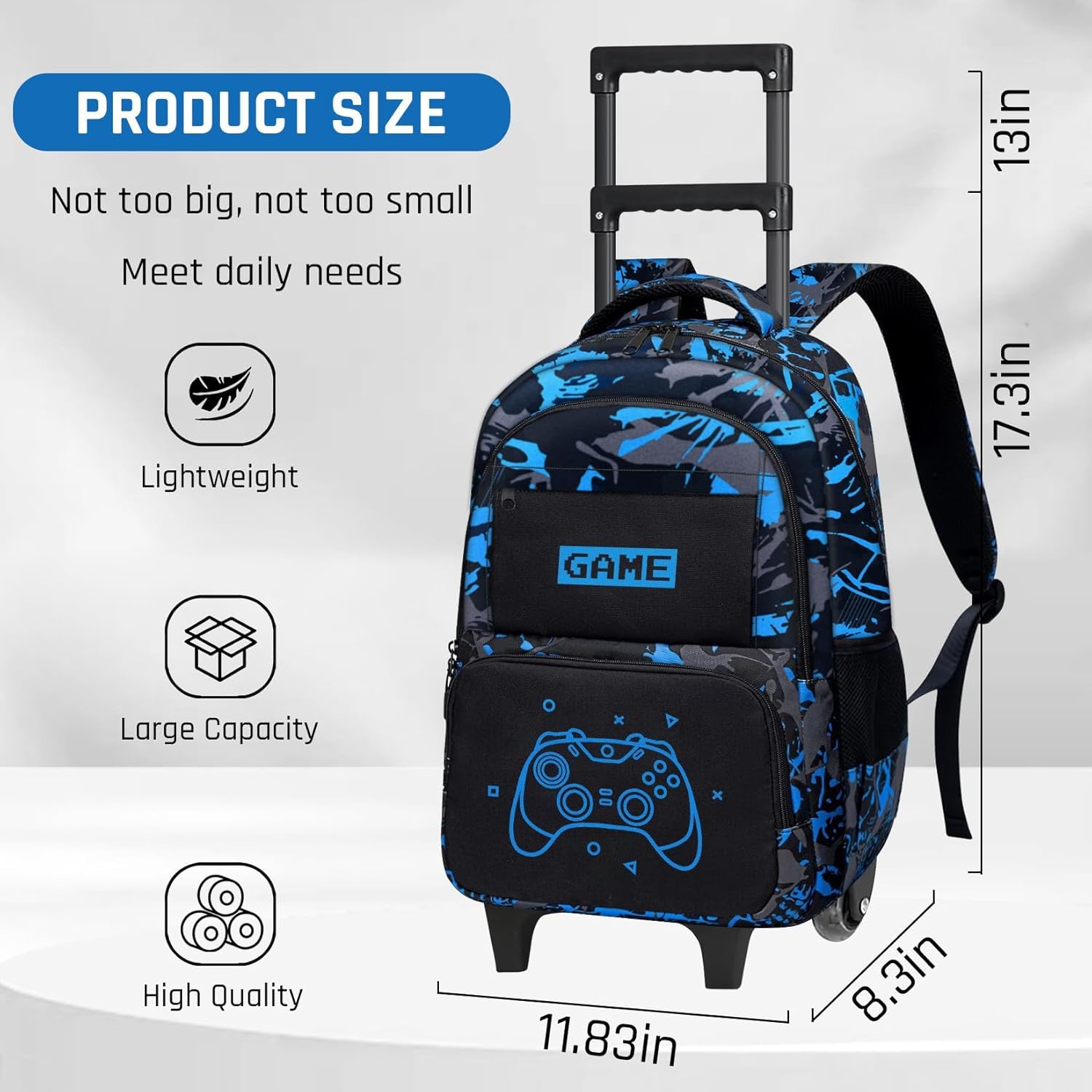 Boys Rolling Backpack for Kids - Glow in The Dark Kids Rolling Backpack with Wheels for Elementary Middle School - Gamer Roller School Bookbag Aged 6-18, Wheeled Travel Bag Large Capacity - Image 5