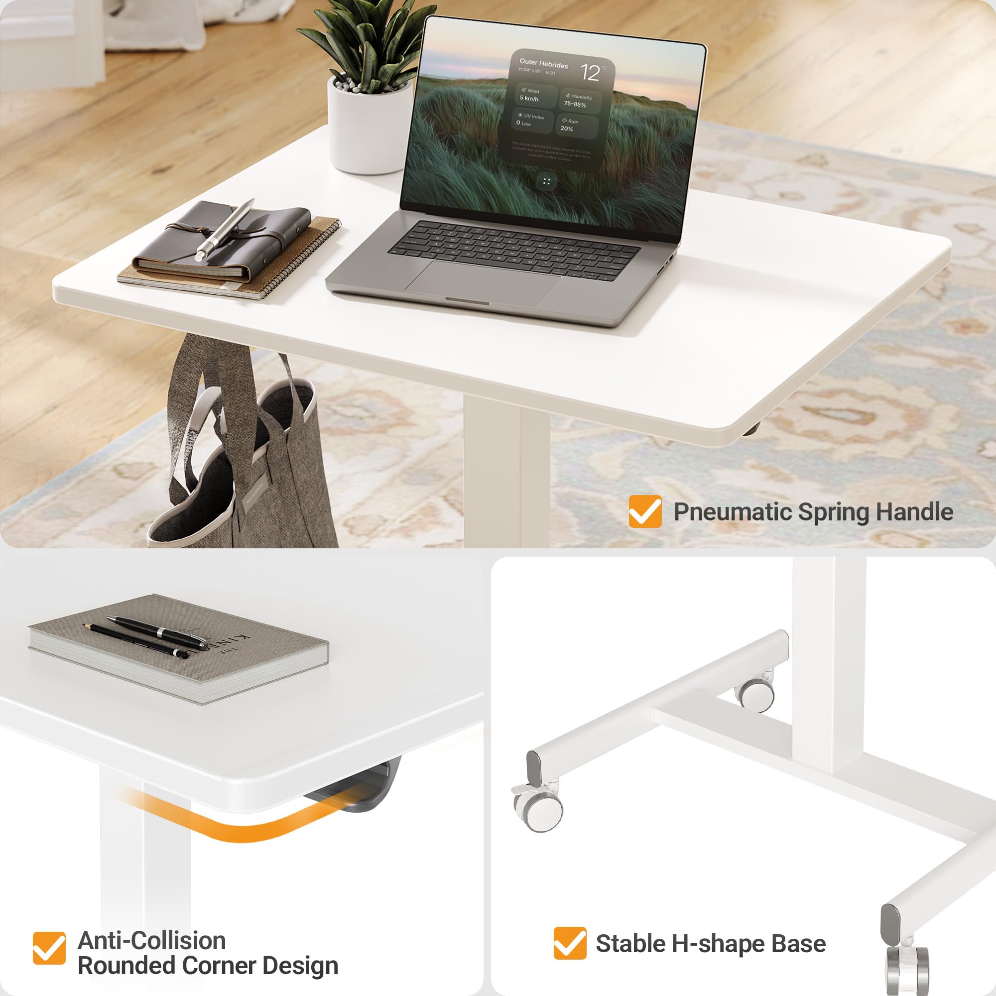 Claiks 65×48cm Stehpult Höhenverstellbar Schreibtisch Klein,Mobiler Laptoptisch Höhenverstellbar mit 4 Rollen,Steh-Sitz Schreibtisch Computertisch, Weiß