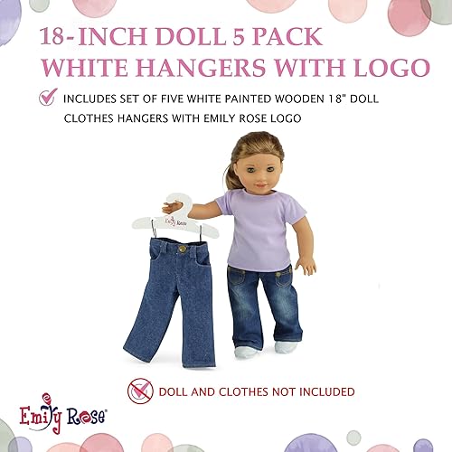 Miniatura 3 de Emily Rose Perchas de ropa para muñecas de 18 pulgadas, paquete de 5 unidades de madera blanca, organizador de armario compatible con ropa de