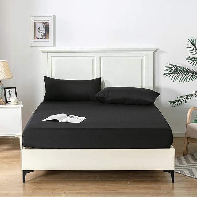 Good Nite Fitted Sheet Bed Sheets 25CM Extra Deep Pocket Sheets Soft and Breathable Machine Washable Fitted Bedding Sheets Single Double King Super King Size (Black, Double)