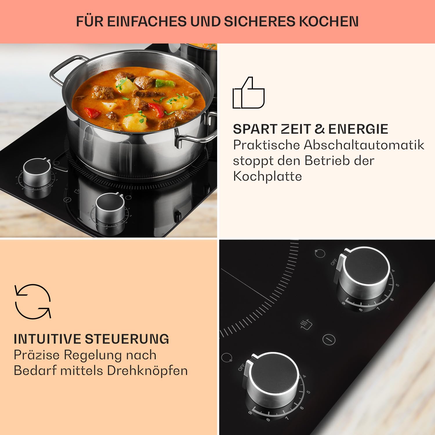 Klarstein Induktionskochfeld, Herd mit 2 Kochfelder, 2900W Induktion Einbauherd, Moderner Einbau-Induktionskochfeld mit 2 Platten, 2 Felder Glaskeramik, Elektro Kochfeld, Schwarz
