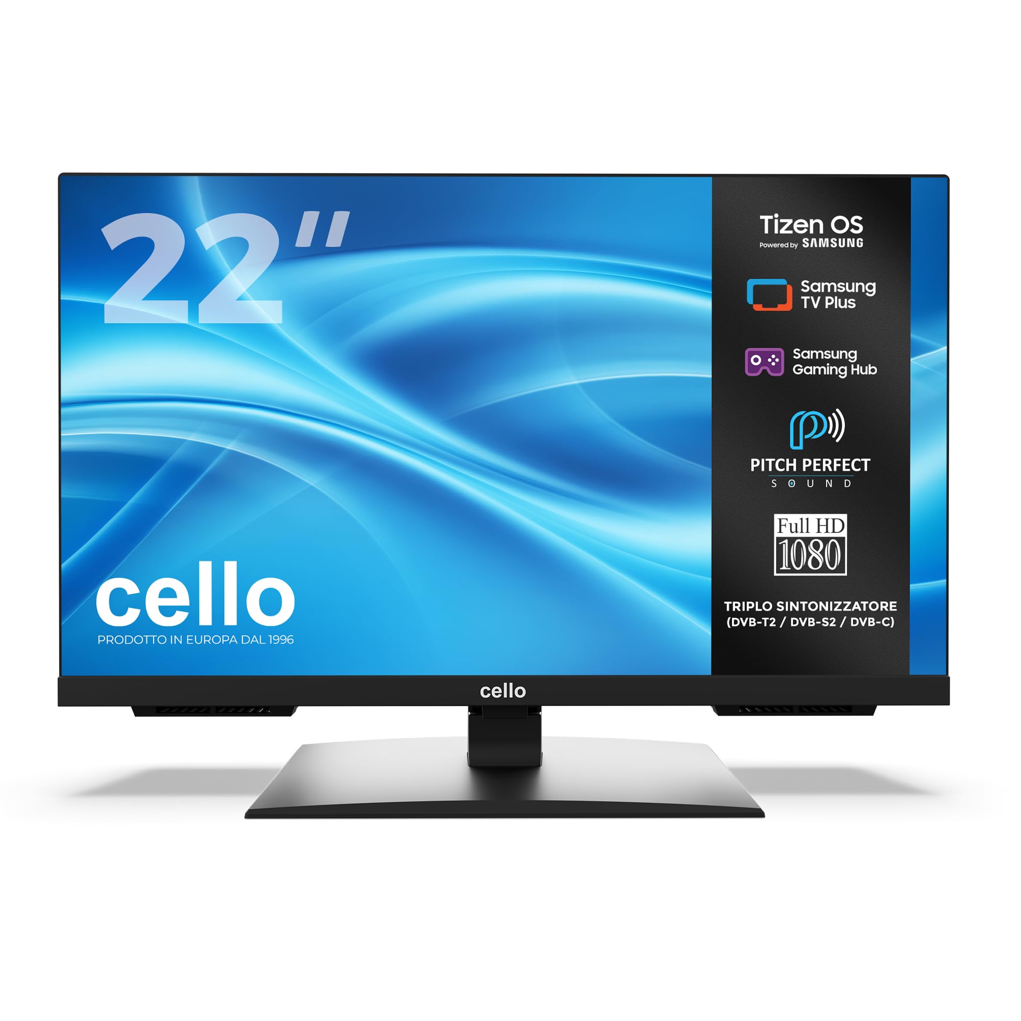 Cello C2226TZH TV LED Smart da 22" senza cornice con Tizen OS di Samsung, Gaming Hub, altoparlanti Pitch Perfect, ideale per cucina e camera da letto, triplo sintonizzatore