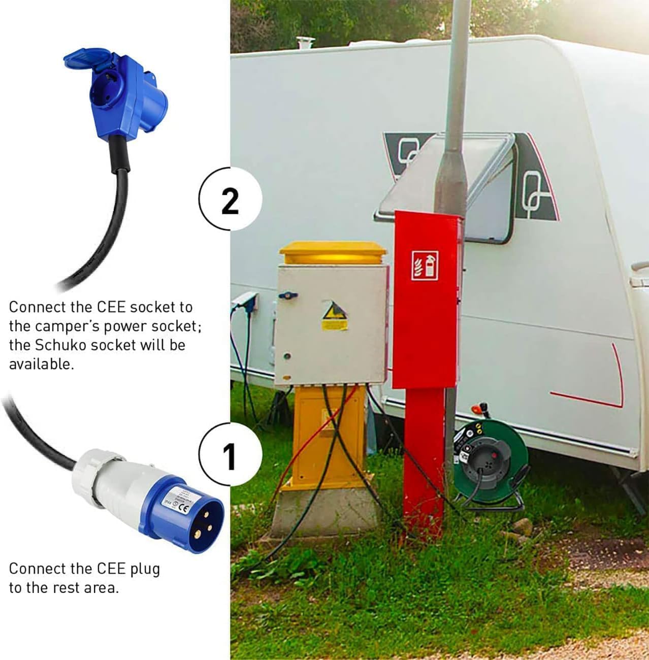 Electraline 49207 Extensión con enrollacables 20M para camper, camping, caravana, IP44, 2 tomas (industrial + Schuko), Cable AT-N07V3V3-F Sección 3G2.5